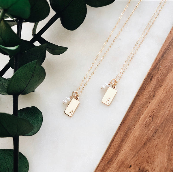 gold + pearl initial necklace