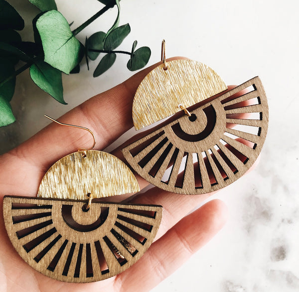 brass + wood fan earrings