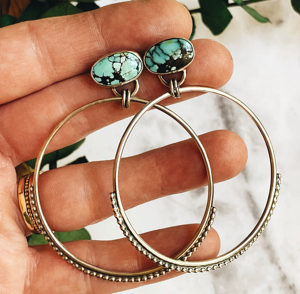 turquoise sterling beaded hoops (Yungai)