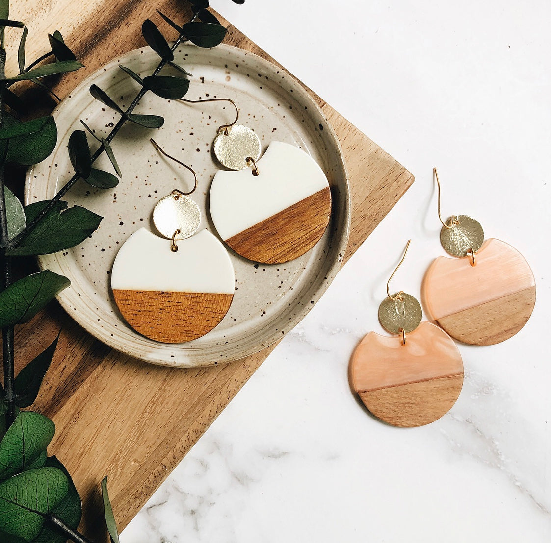 gold + resin + wood earrings