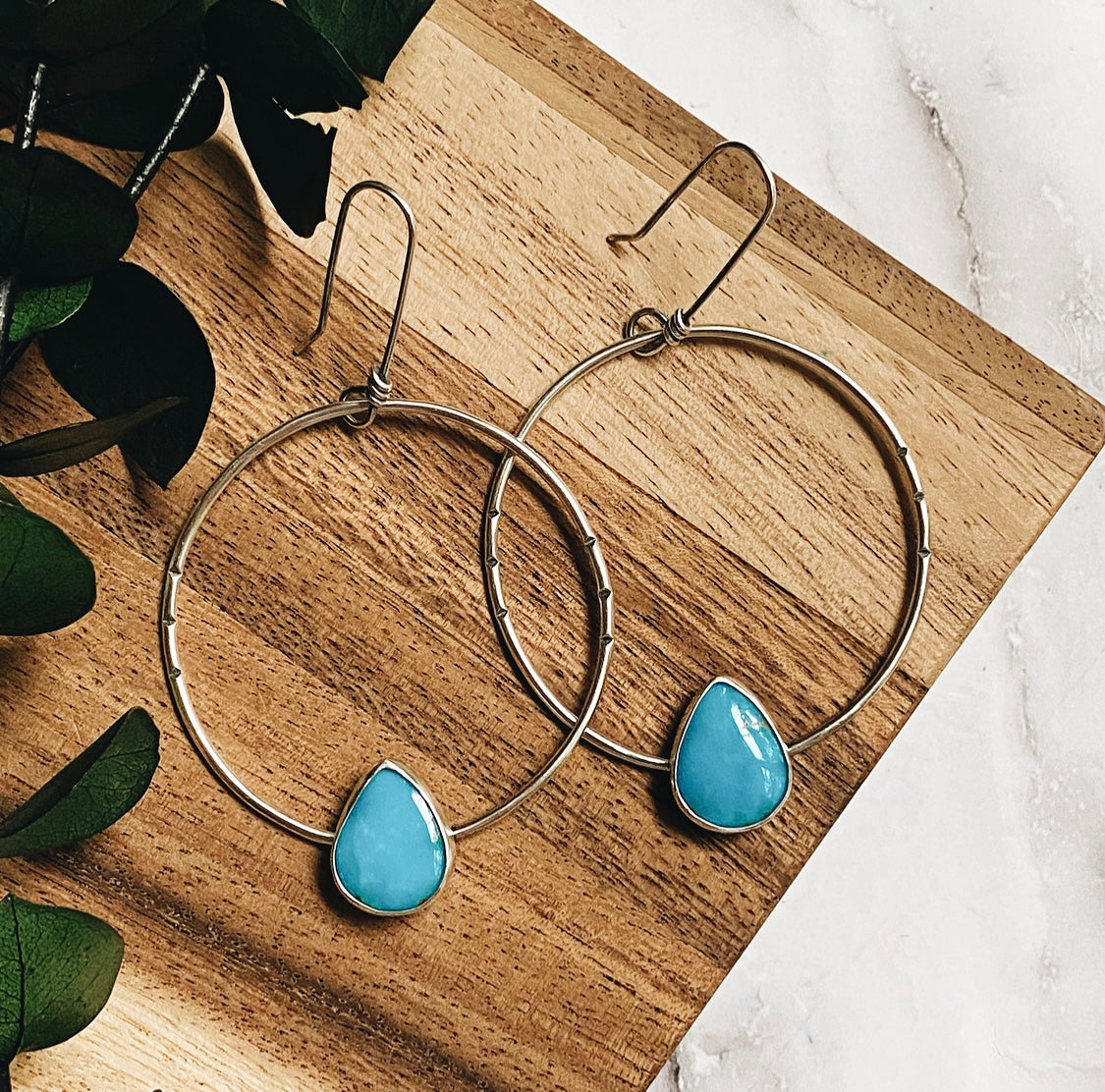 Turquoise + sterling hoops (large)